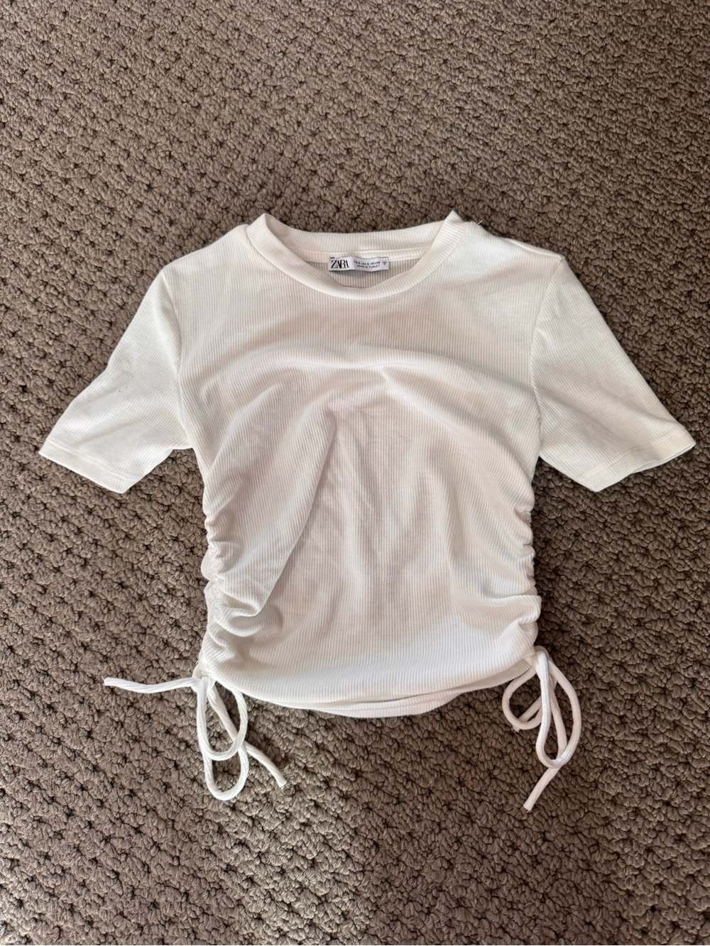 Zara White Ribbed Short Sleeve Tee with Side Ties